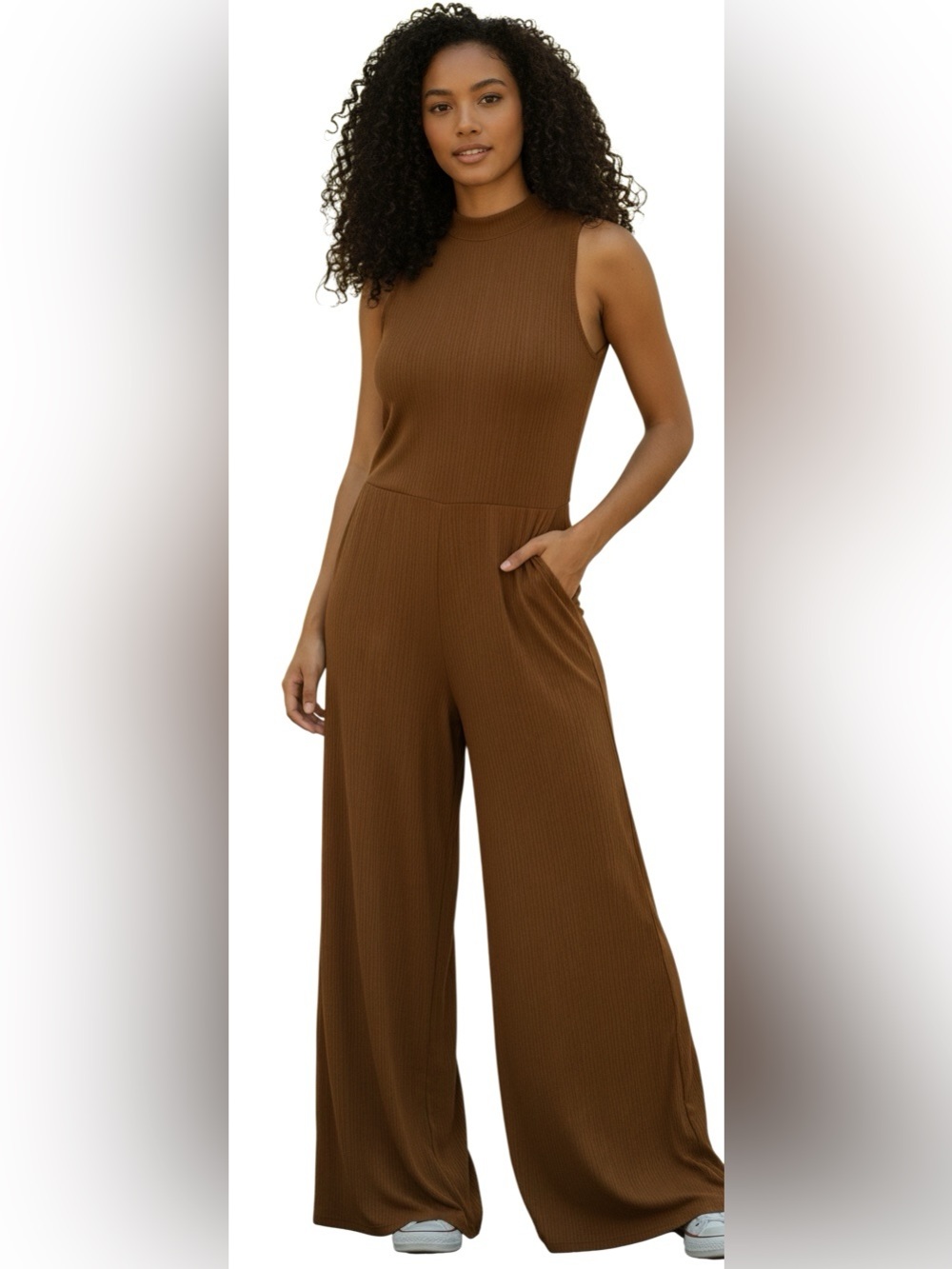 PrettyGarden Light Brown Jumpsuit with Pockets, Size Small